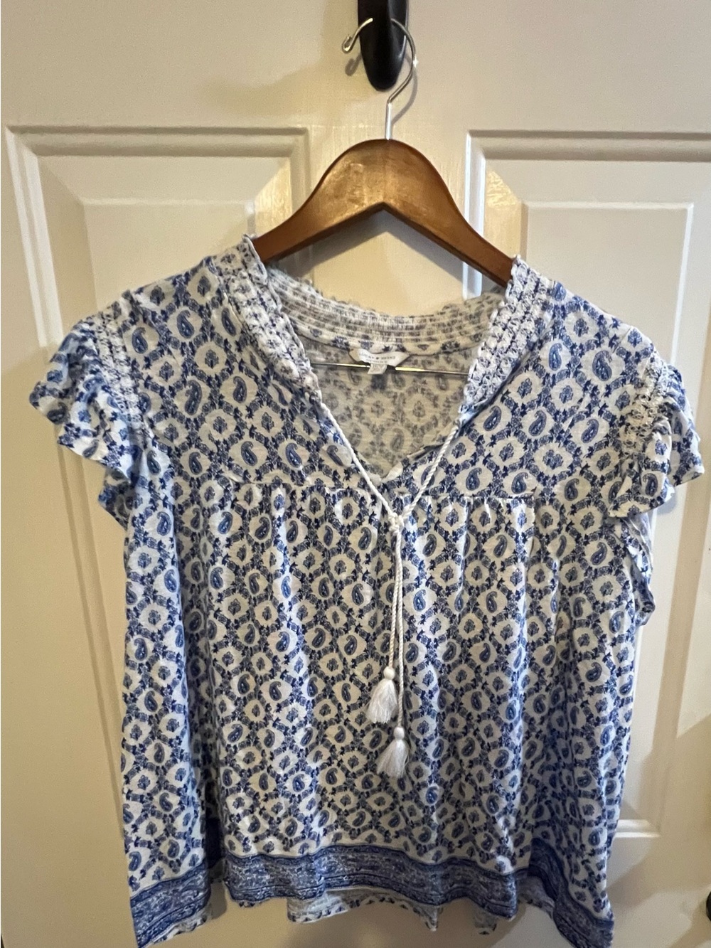 Lucky Brand Blue & White Boho Tassel Peasant Blouse